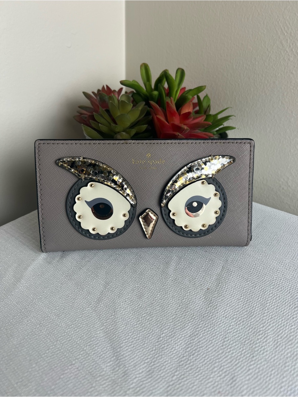 kate spade gray owl appliqué continental wallet with sequin brows